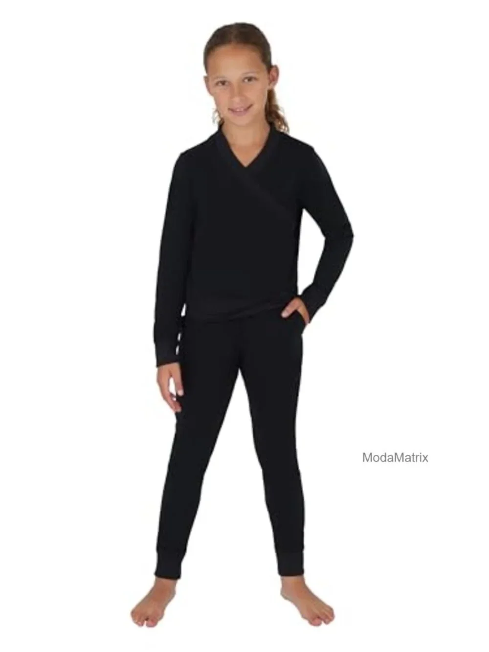 Girls 2 Piece Set Brushed Crossover Long Sleeve Top & Jogger Workout Outfit